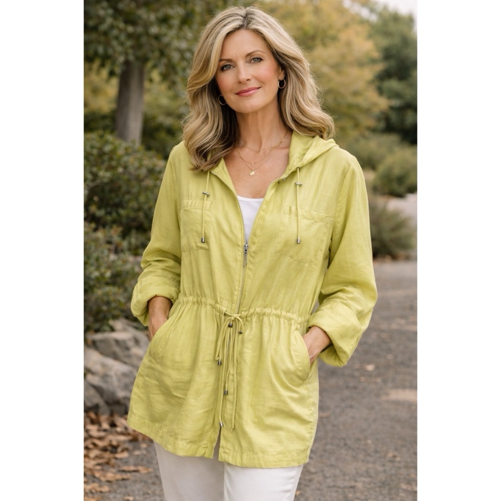 Chico’s Chicos Lightweight Jacket Anorak Hood Drawstring Chartreuse Green Sz XL